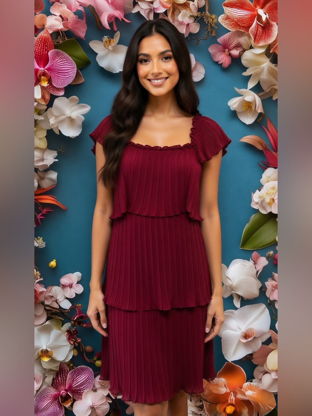 DKNY NWT Pleated Tiered Square Neck Flutter Sleeve Midi Dress size 10